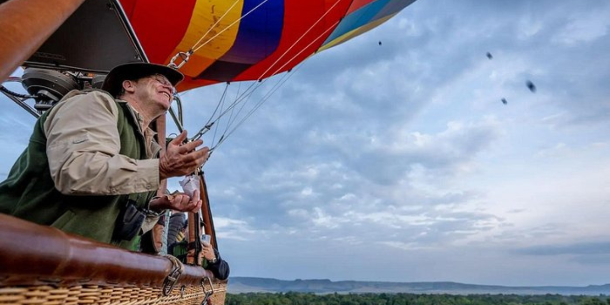 Hot air balloon over savannah