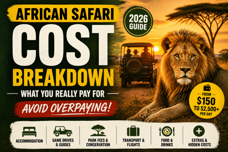 African safari cost breakdown graphic with lion at sunset, showing prices from $150 to $2,500 per day