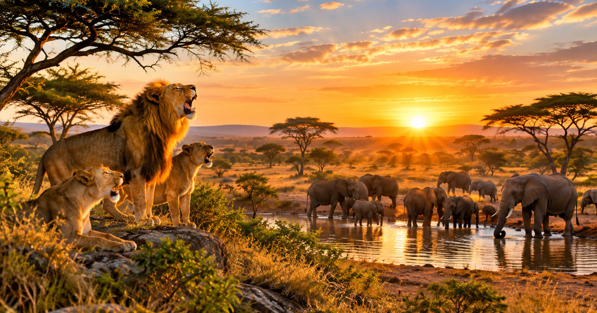 golden plains dotted with acacia trees, lions calling at dawn and elephants gathering at waterholes — Kruger
